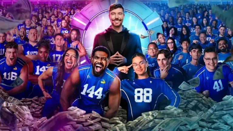 Beast Games: a nova religião do dinheiro (e a estética da crueldade) 3 Imagem promocional de Beast Games com MrBeast cercado por participantes e dinheiro no Amazon Prime Video