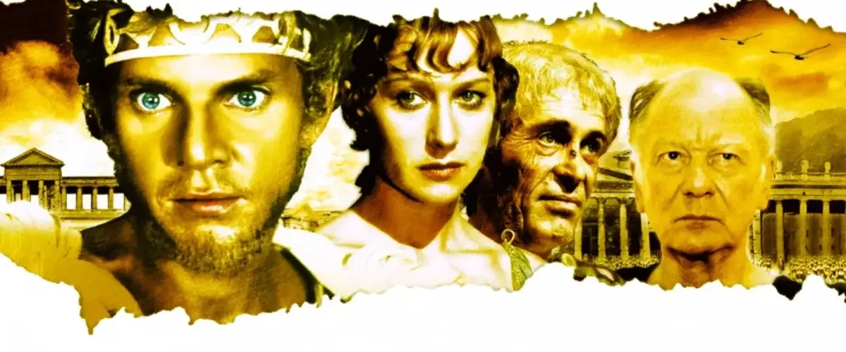 Cena promocional de Calígula (1979) com Malcolm McDowell, Helen Mirren e Peter O'Toole