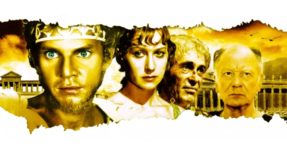 Cena promocional de Calígula (1979) com Malcolm McDowell, Helen Mirren e Peter O'Toole