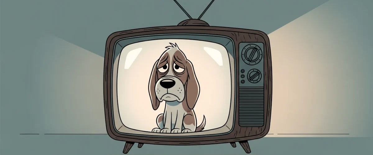 Cachorro em estilo cartoon dentro de uma televisão, representando a espetacularização da dor na mídia.
