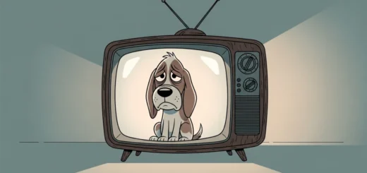 Cachorro em estilo cartoon dentro de uma televisão, representando a espetacularização da dor na mídia.