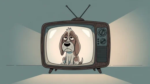 Cachorro em estilo cartoon dentro de uma televisão, representando a espetacularização da dor na mídia.