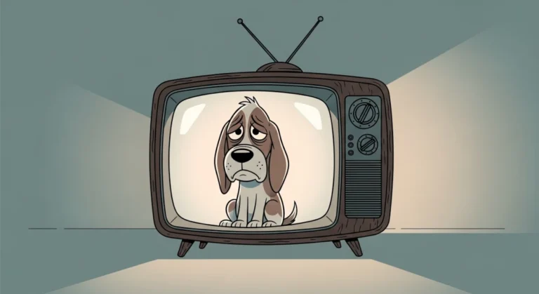 Cachorro em estilo cartoon dentro de uma televisão, representando a espetacularização da dor na mídia.