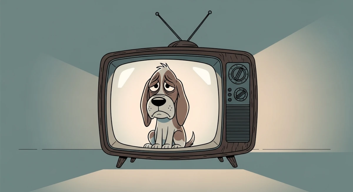 Cachorro em estilo cartoon dentro de uma televisão, representando a espetacularização da dor na mídia.