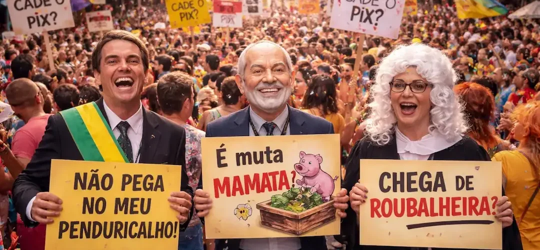 Foliões participam de bloco carnavalesco com protesto político contra supersalários no Rio de Janeiro