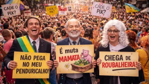 Foliões participam de bloco carnavalesco com protesto político contra supersalários no Rio de Janeiro