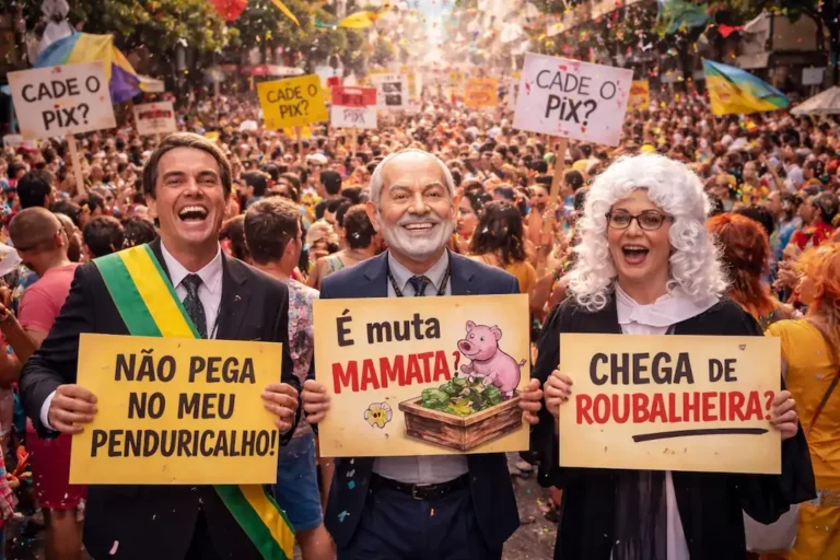 Foliões participam de bloco carnavalesco com protesto político contra supersalários no Rio de Janeiro