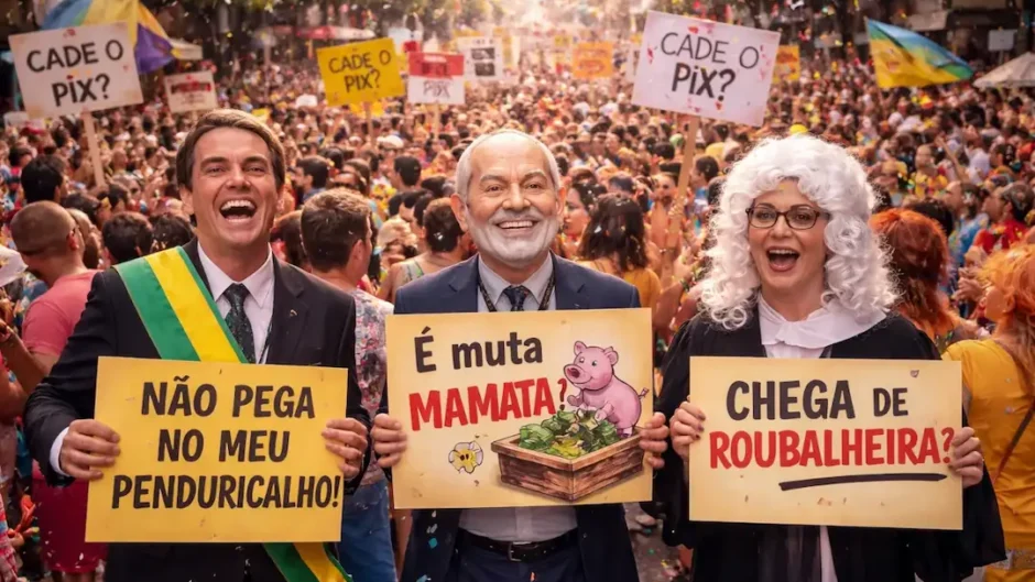 Foliões participam de bloco carnavalesco com protesto político contra supersalários no Rio de Janeiro