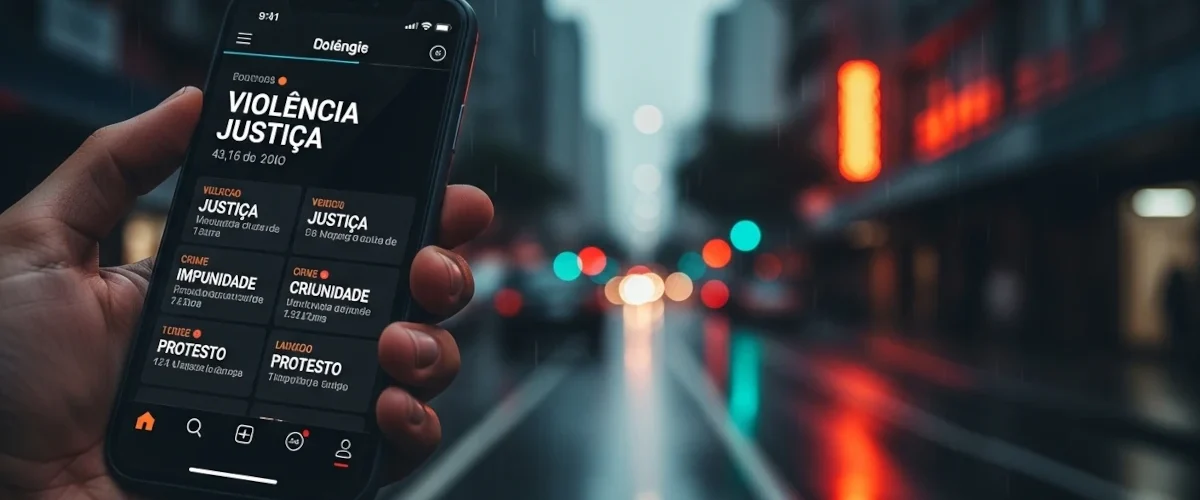 Celular exibindo manchetes em português sobre o caso do cachorro Orelha e a comoção nas redes sociais no Brasil