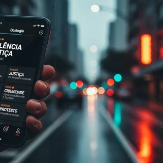 Celular exibindo manchetes em português sobre o caso do cachorro Orelha e a comoção nas redes sociais no Brasil