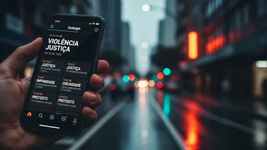 Celular exibindo manchetes em português sobre o caso do cachorro Orelha e a comoção nas redes sociais no Brasil