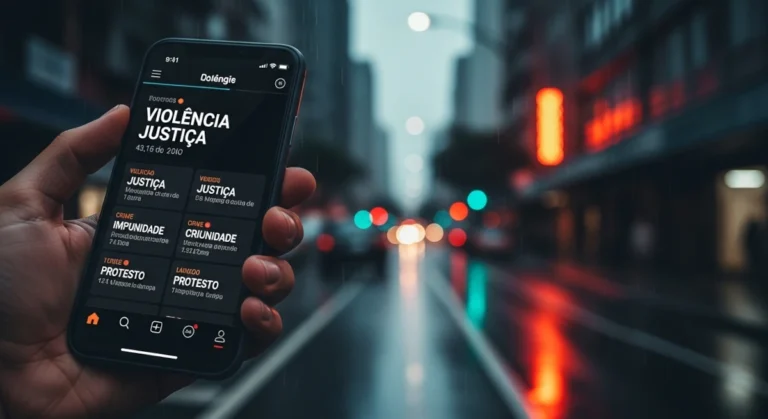 Celular exibindo manchetes em português sobre o caso do cachorro Orelha e a comoção nas redes sociais no Brasil