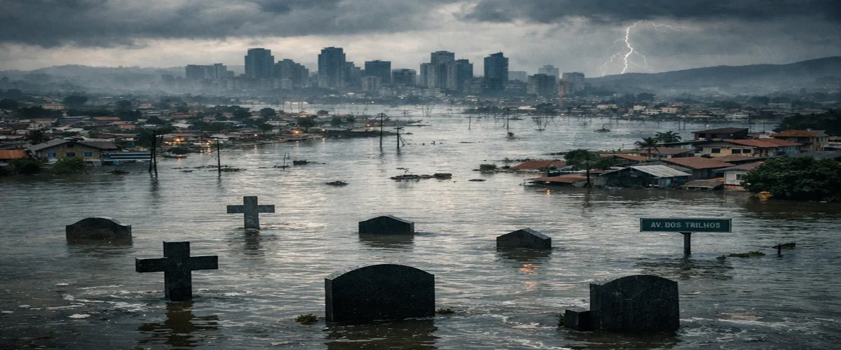 Cidade submersa durante enchentes em Minas Gerais representando impactos de desastres urbanos e omissões estruturais