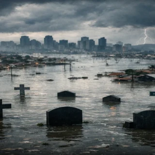 Cidade submersa durante enchentes em Minas Gerais representando impactos de desastres urbanos e omissões estruturais