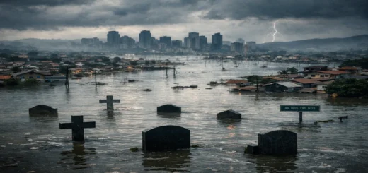 Cidade submersa durante enchentes em Minas Gerais representando impactos de desastres urbanos e omissões estruturais