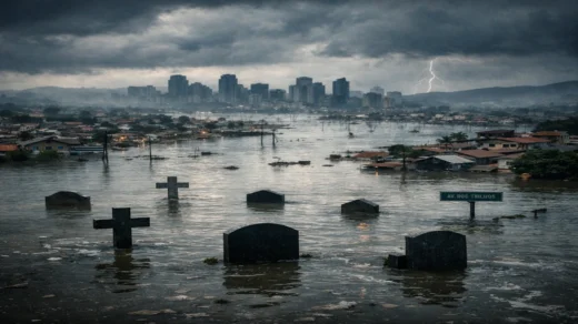 Cidade submersa durante enchentes em Minas Gerais representando impactos de desastres urbanos e omissões estruturais
