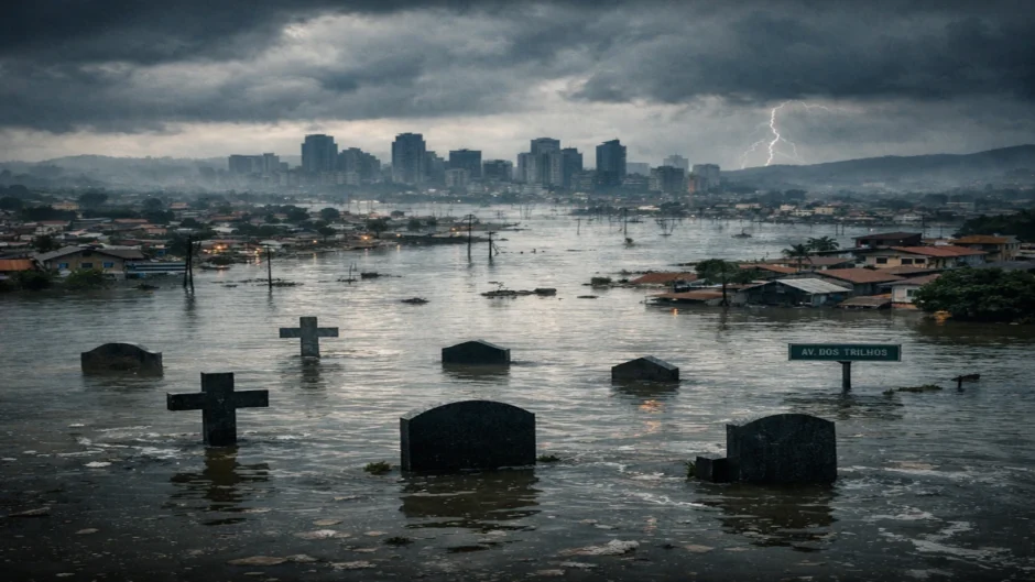 Cidade submersa durante enchentes em Minas Gerais representando impactos de desastres urbanos e omissões estruturais