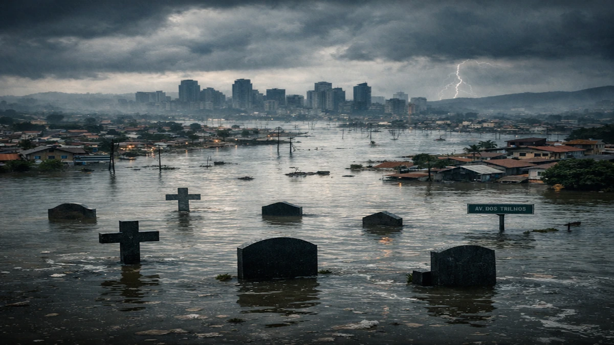 Água Sobre Ruínas: Quem Realmente é Responsável pelas Enchentes em Minas Gerais? 1 Cidade submersa durante enchentes em Minas Gerais representando impactos de desastres urbanos e omissões estruturais