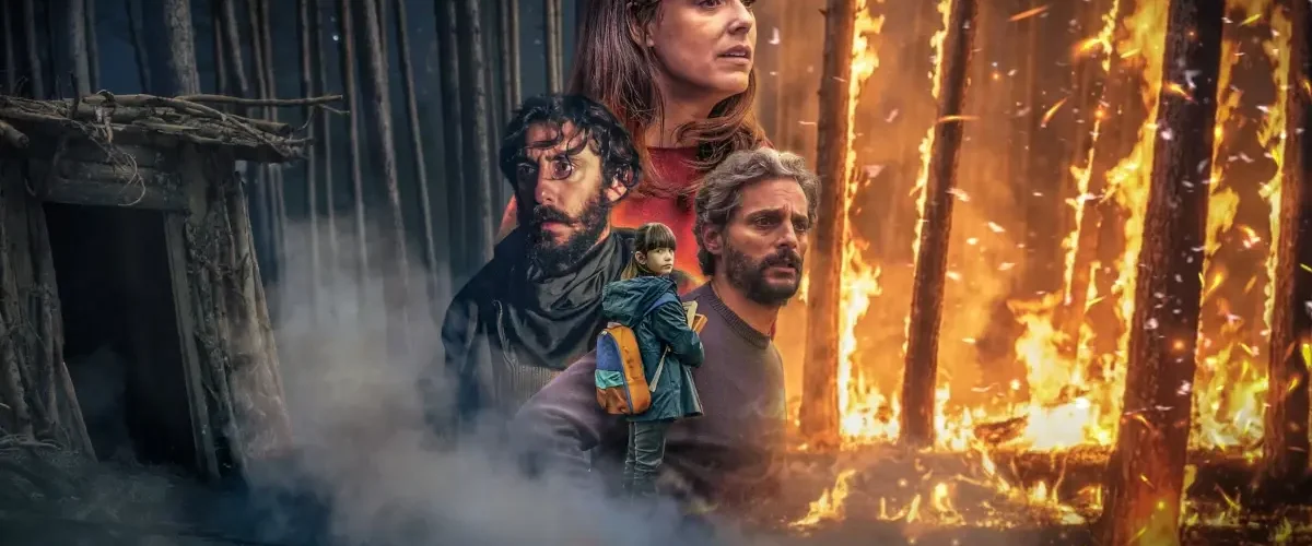 Cena promocional do filme Corta-fogo da Netflix com personagens diante de um incêndio florestal