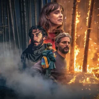 Cena promocional do filme Corta-fogo da Netflix com personagens diante de um incêndio florestal