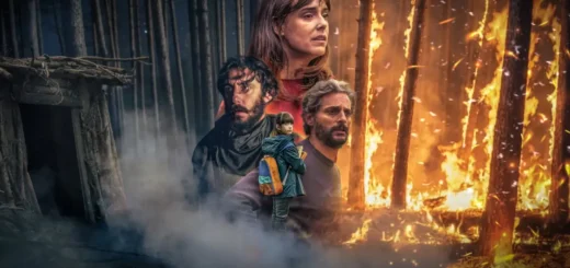 Cena promocional do filme Corta-fogo da Netflix com personagens diante de um incêndio florestal