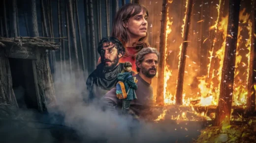Cena promocional do filme Corta-fogo da Netflix com personagens diante de um incêndio florestal