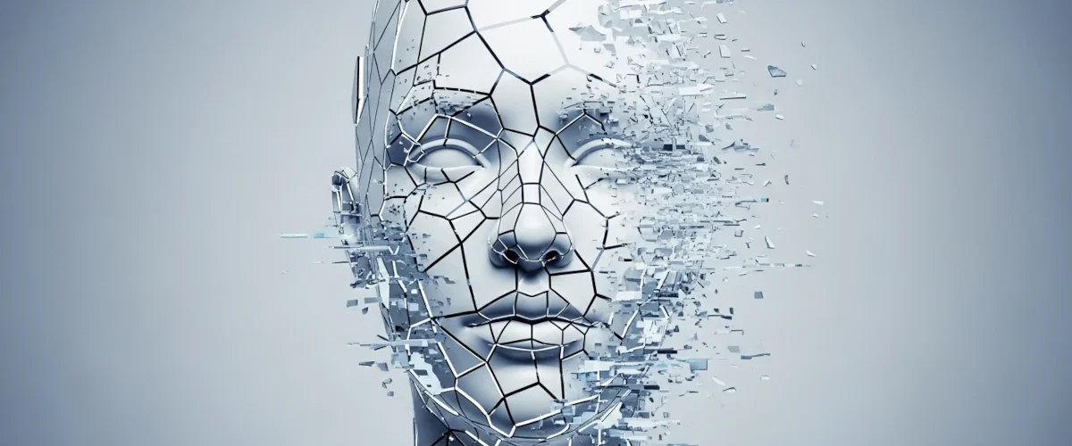 Rosto humano fragmentado representando a falha da memória coletiva no Efeito Mandela