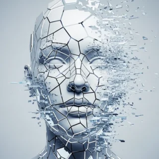 Rosto humano fragmentado representando a falha da memória coletiva no Efeito Mandela