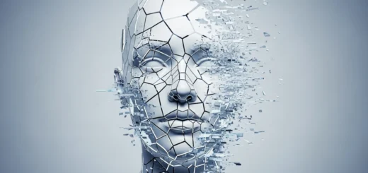 Rosto humano fragmentado representando a falha da memória coletiva no Efeito Mandela