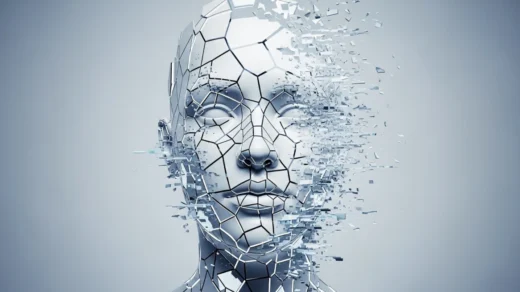 Rosto humano fragmentado representando a falha da memória coletiva no Efeito Mandela