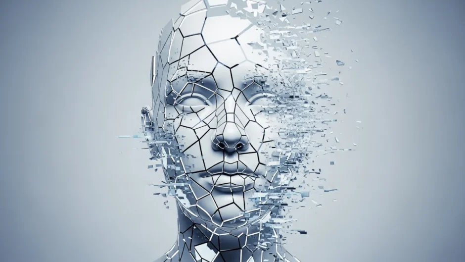 Rosto humano fragmentado representando a falha da memória coletiva no Efeito Mandela