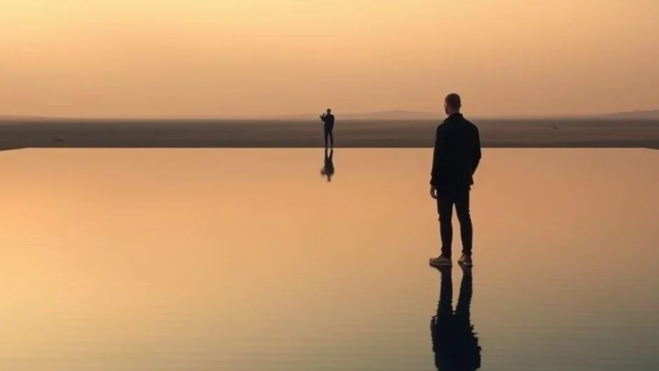 Imagem minimalista representando o conceito de enquadramento no cinema, com figuras humanas isoladas em espaço amplo e vazio