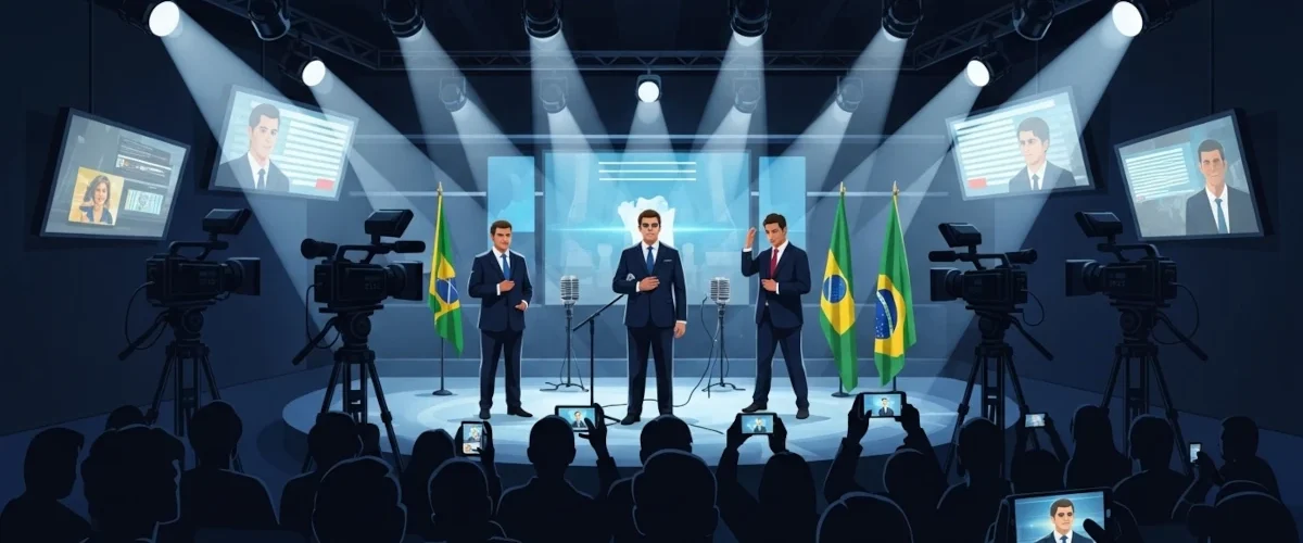 Ilustração simbólica sobre a corrupção no Brasil como espetáculo midiático, com políticos sob holofotes e público usando celulares