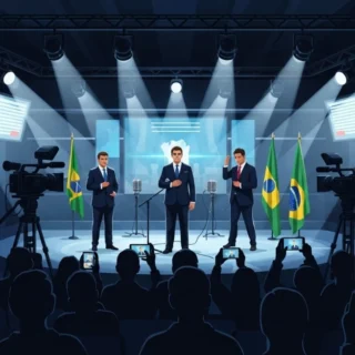 Ilustração simbólica sobre a corrupção no Brasil como espetáculo midiático, com políticos sob holofotes e público usando celulares