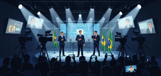 Ilustração simbólica sobre a corrupção no Brasil como espetáculo midiático, com políticos sob holofotes e público usando celulares