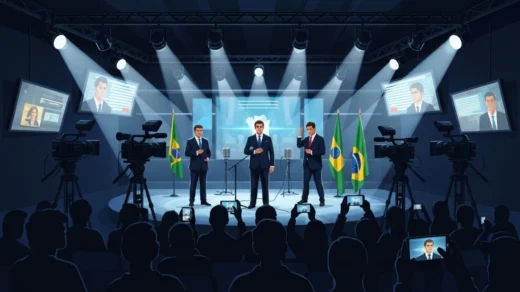 Ilustração simbólica sobre a corrupção no Brasil como espetáculo midiático, com políticos sob holofotes e público usando celulares