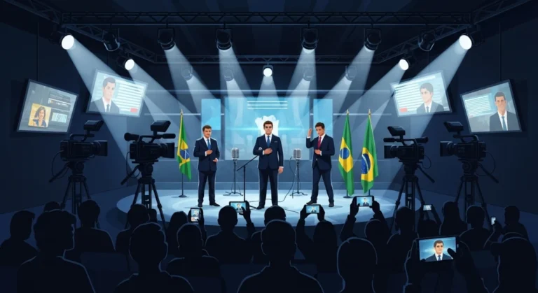 Ilustração simbólica sobre a corrupção no Brasil como espetáculo midiático, com políticos sob holofotes e público usando celulares