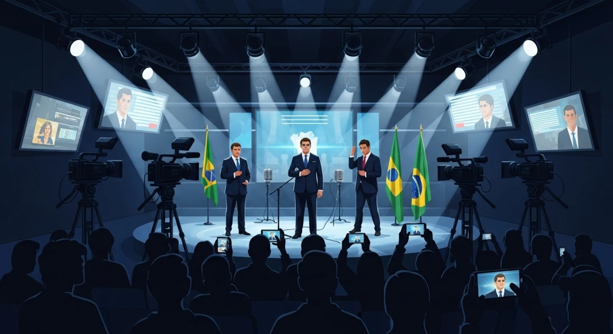Ilustração simbólica sobre a corrupção no Brasil como espetáculo midiático, com políticos sob holofotes e público usando celulares
