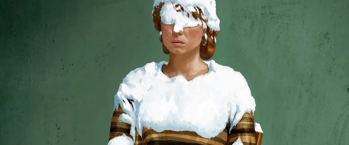 Cena do filme Estou Pensando em Acabar com Tudo, de Charlie Kaufman, com personagem coberta de neve