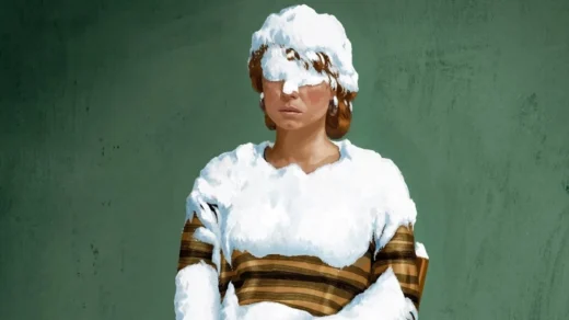 Cena do filme Estou Pensando em Acabar com Tudo, de Charlie Kaufman, com personagem coberta de neve