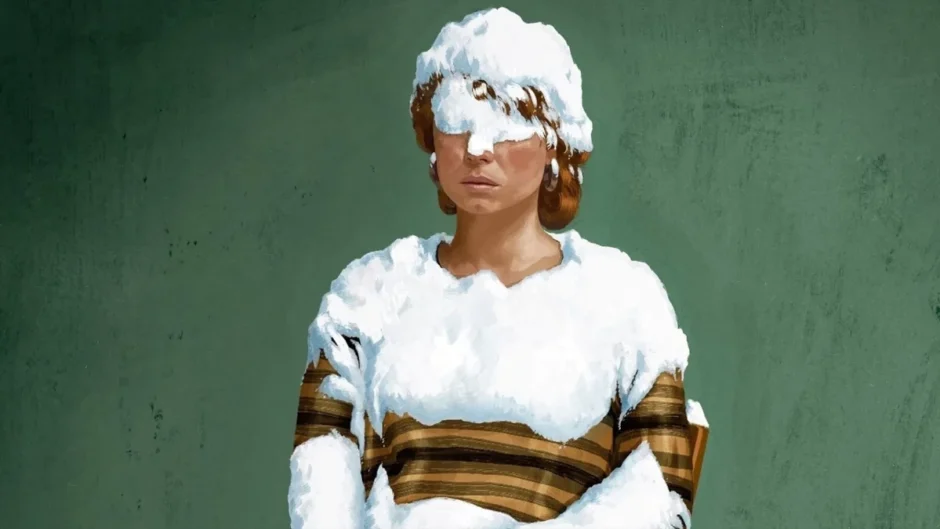 Cena do filme Estou Pensando em Acabar com Tudo, de Charlie Kaufman, com personagem coberta de neve