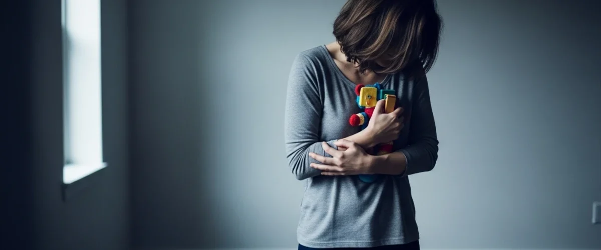 Imagem conceitual de mulher em ambiente doméstico segurando brinquedo infantil, simbolizando luto, família e reflexão emocional