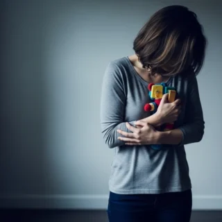 Imagem conceitual de mulher em ambiente doméstico segurando brinquedo infantil, simbolizando luto, família e reflexão emocional