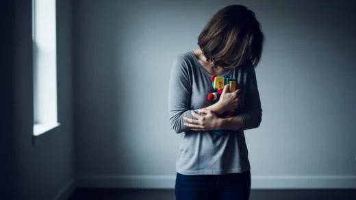Imagem conceitual de mulher em ambiente doméstico segurando brinquedo infantil, simbolizando luto, família e reflexão emocional
