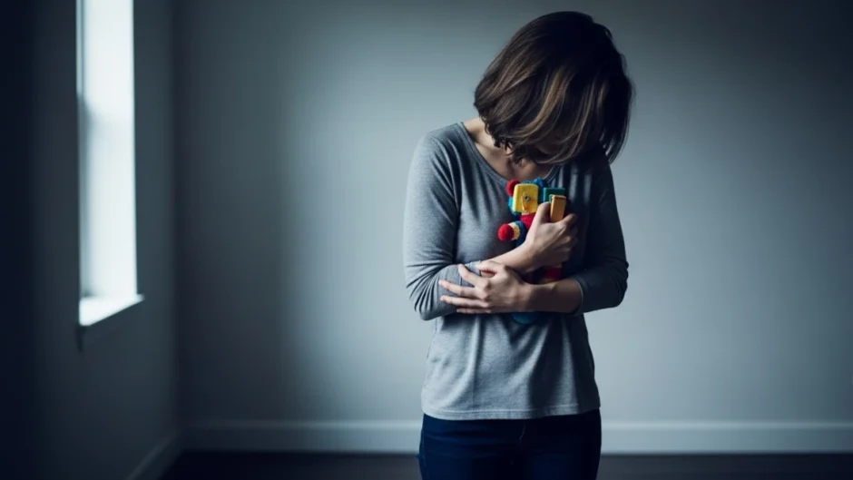 Imagem conceitual de mulher em ambiente doméstico segurando brinquedo infantil, simbolizando luto, família e reflexão emocional