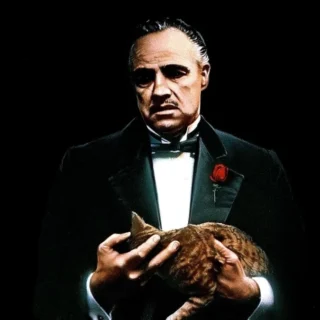 Vito Corleone segura um gato em cena de O Poderoso Chefão, símbolo da autoridade silenciosa e do poder simbólico no cinema