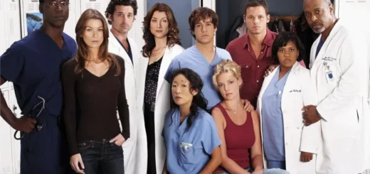 Elenco médico em foto promocional de Grey’s Anatomy em ambiente hospitalar