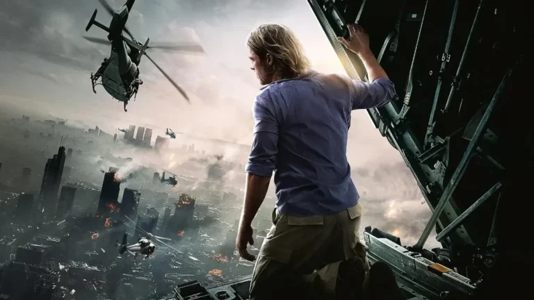 Cena de Guerra Mundial Z com Brad Pitt e cidade em caos