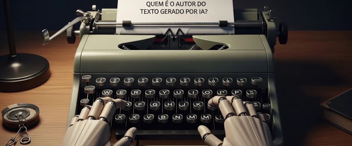 Mão robótica escrevendo em máquina de escrever antiga representando autoria e inteligência artificial