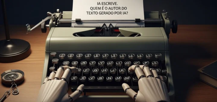 Mão robótica escrevendo em máquina de escrever antiga representando autoria e inteligência artificial